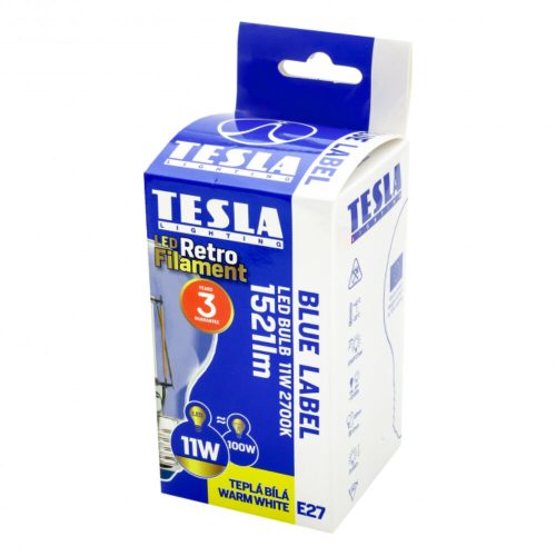 Tesla - LED FILAMENT RETRO izzó, E27, 11W, 230V, 1521lm, 2700K, 360°, clear