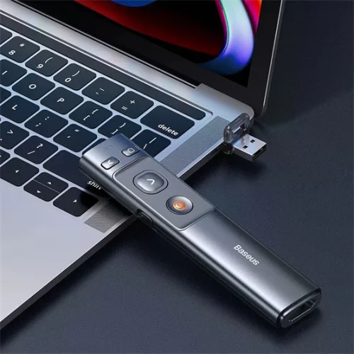 Baseus Orange Dot vezeték nélküli elemes prezenter és lézer mutató, szürke