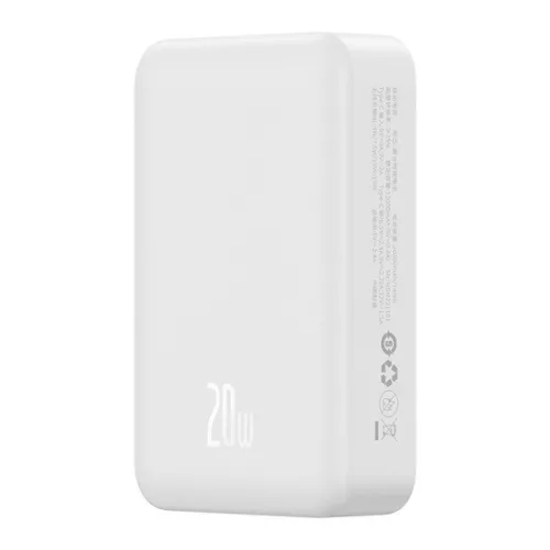 Baseus EnerFill FM41 Magnetic vezeték nélküli gyorstöltő powerbank 20000mAh, 20W, fehér + 60W USB Type-C, 30cm kábel