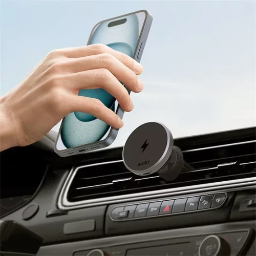 Aukey MagFusion Dash Pro Qi2 aktív hűtésű szellőzőrácsra rögzíthető, vezeték nélküli autós telefon töltő és tartó
