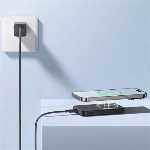 Baseus Magnetic Mini vezeték nélküli gyorstöltő powerbank 5000 mAh, 20W, fekete + 60W USB Type-C, 30cm kábel