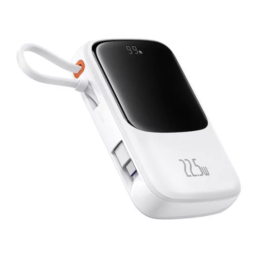 Baseus Qpow Pro+ gyorstöltő powerbank 10000 mAh, 22.5W, beépített USB Type-C kábel, fehér