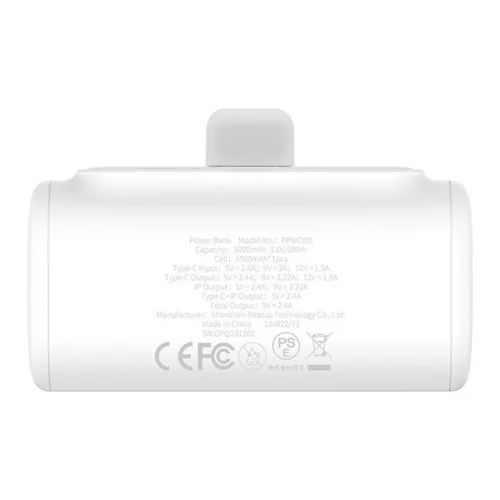 Baseus Compact gyorstöltő powerbank 5000 mAh, 20W iPhone csatlakozóval, fehér