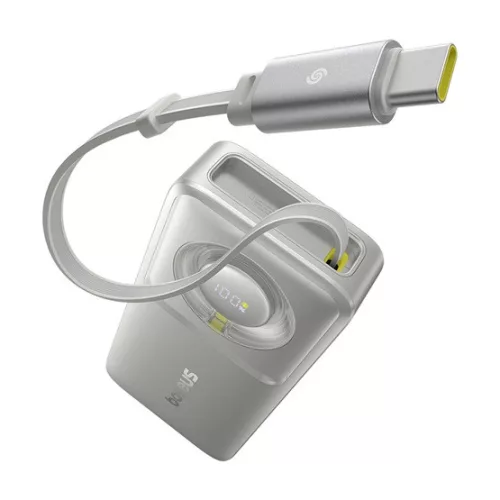 Baseus Free2Pull gyorstöltő powerbank 10000 mAh, 30W, beépített USB Type-C kábel, szürke