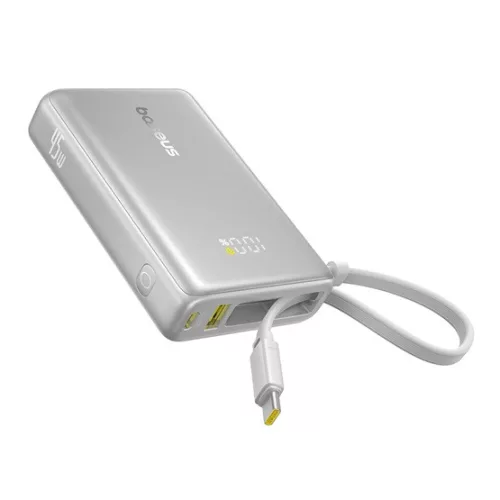 Baseus PicoGo gyorstöltő powerbank 10000mAh, 45W, beépített USB Type-C kábel, ezüst