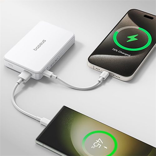 Baseus Airpow II Qi2 Magnetic vezeték nélküli gyorstöltő powerbank 10000 mAh, 22.5W, fehér + 60W USB Type-C, 30cm kábel