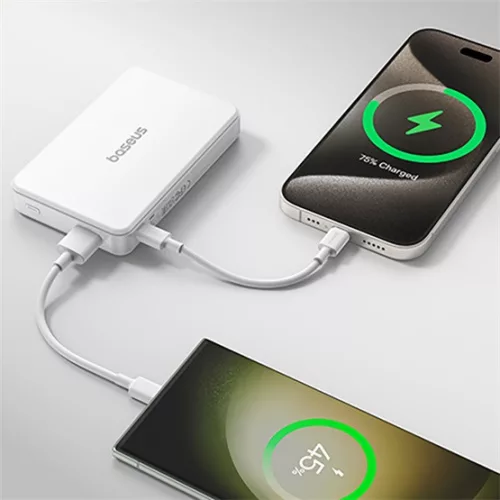 Baseus Airpow II Qi2 Magnetic vezeték nélküli gyorstöltő powerbank 10000 mAh, 22.5W, fehér + 60W USB Type-C, 30cm kábel