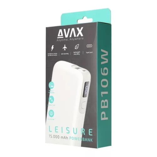 AVAX PB106W LEISURE PD/Type-C 30W+QC 18W gyorstöltő Powerbank 15.000mAh, fehér - Dobozsérült termék