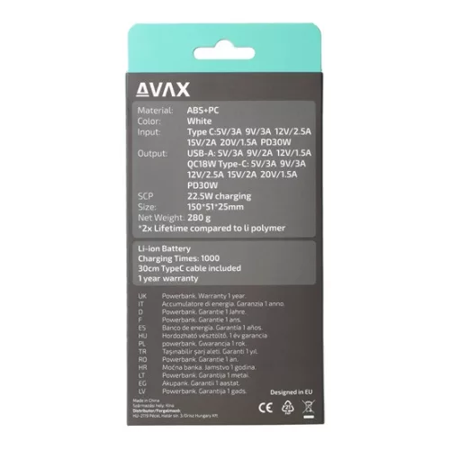 AVAX PB106W LEISURE PD/Type-C 30W+QC 18W gyorstöltő Powerbank 15.000mAh, fehér - Dobozsérült termék
