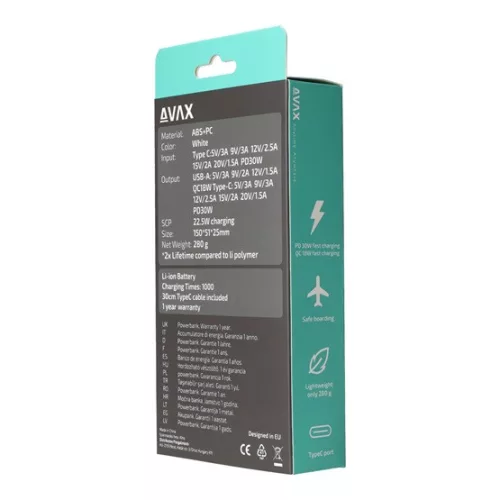 AVAX PB106W LEISURE PD/Type-C 30W+QC 18W gyorstöltő Powerbank 15.000mAh, fehér - Dobozsérült termék