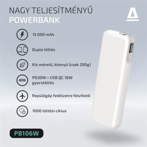 AVAX PB106W LEISURE PD/Type-C 30W+QC 18W gyorstöltő Powerbank 15.000mAh, fehér - Dobozsérült termék