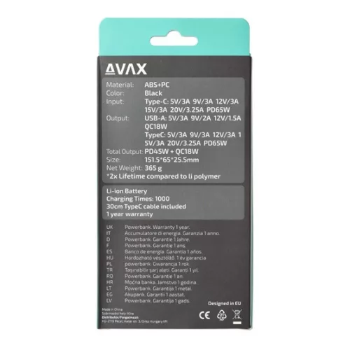 AVAX PB202B VITALITY PD/Type C 65W+QC 18W gyorstöltő Powerbank 20.000mAh, fekete - Dobozsérült termék