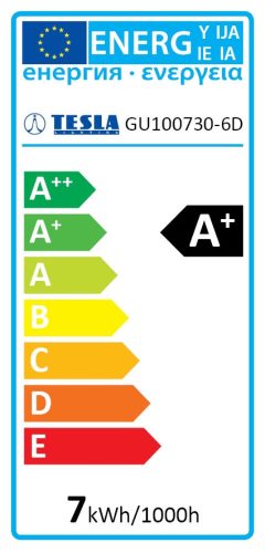 Tesla - LED izzó, GU10, 7W, 230V, 560lm, 100°, 30 000hrs, 3000K (meleg fehér), Ra 80, szabályozható