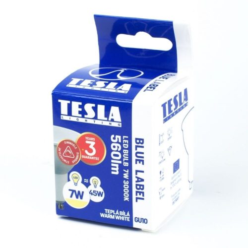 Tesla - LED izzó, GU10, 7W, 230V, 560lm, 100°, 30 000hrs, 3000K (meleg fehér), Ra 80, szabályozható