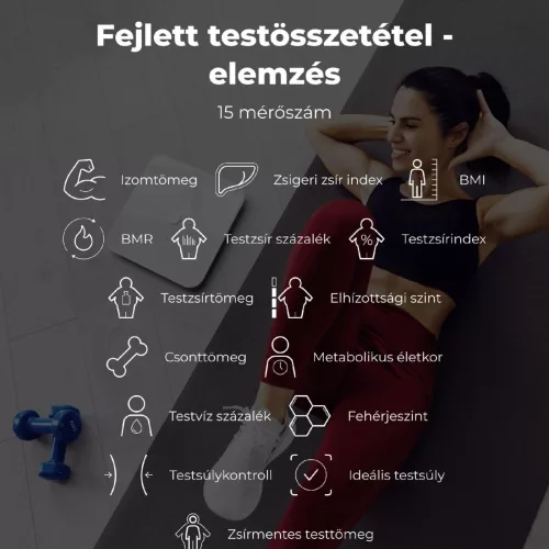 AENO ABS0001S BS1S okos testmérleg, 15 féle mérőszám, LED kijelző, 180 kg-ig terhelhető, AENO app, 10+1 profil, ITO üveg