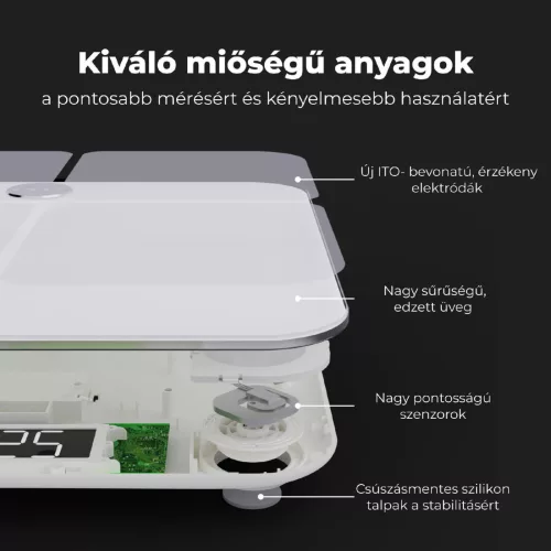AENO ABS0001S BS1S okos testmérleg, 15 féle mérőszám, LED kijelző, 180 kg-ig terhelhető, AENO app, 10+1 profil, ITO üveg