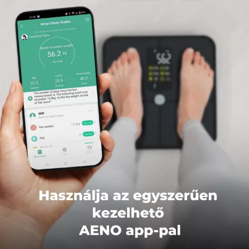 AENO ABS0002S BS2S testmérleg,  180 kg-ig terhelhető, SMART funkciók, profilok, BMI index elemzés, színes kijelző