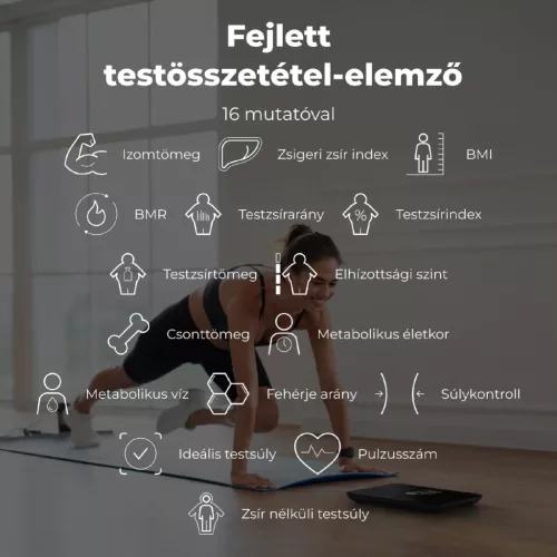 AENO ABS0002S BS2S testmérleg,  180 kg-ig terhelhető, SMART funkciók, profilok, BMI index elemzés, színes kijelző