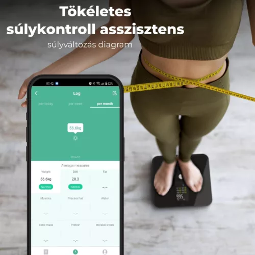 AENO ABS0002S BS2S testmérleg,  180 kg-ig terhelhető, SMART funkciók, profilok, BMI index elemzés, színes kijelző
