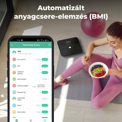 AENO ABS0002S BS2S testmérleg,  180 kg-ig terhelhető, SMART funkciók, profilok, BMI index elemzés, színes kijelző