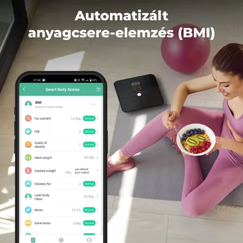 AENO ABS0002S BS2S testmérleg,  180 kg-ig terhelhető, SMART funkciók, profilok, BMI index elemzés, színes kijelző
