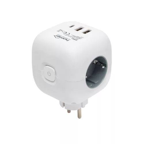 Home CUBE1 kocka elosztó USB töltővel, 3 aljzat gyermekvédelemmel, 1db USB C, 2db  USB A, max. 3680 W