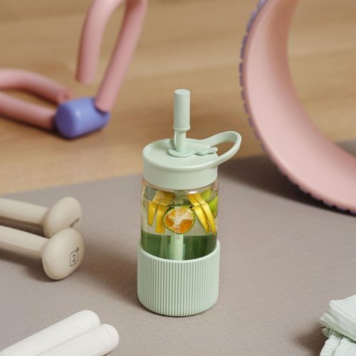 BUYDEEM DG425-CG üveg palack szívószállal, 500 ml, boroszilikát üveg, zöld