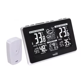   Home HCW 25 időjárás-állomás külső jeladóval, negatív, fehér LCD kijelző, beltéri hőmérséklet és páratartalom, digitális óra, naptár