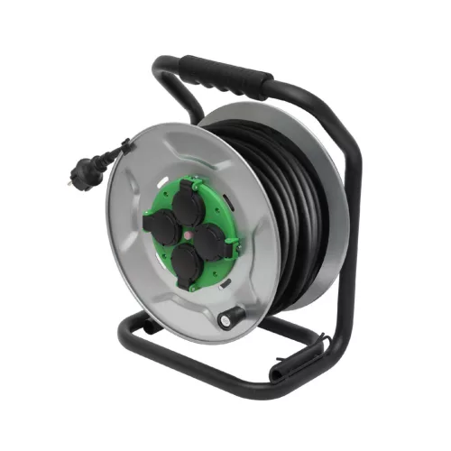 HOME HJRM2025 fém kábeldob, 25 méter, fém talp, H07RN-F 3G2,5 mm2 vezeték, 250 V~ / max. 16 A, túlmelegedés elleni védőkapcsolóval