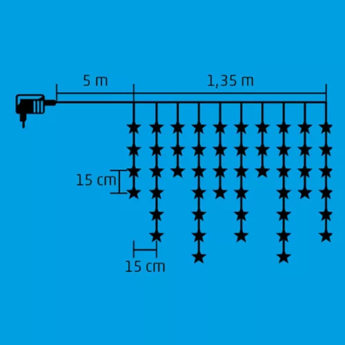 Home KAF 50L LED-es csillag fényfüggöny, 1,35 m / 50 db hidegfehér LED csillag figurákban, átlátszó vezeték, hálózati adapter, beltéri kivitel