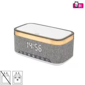   HOME LTCR06 multimédia lejátszó és ébresztőóra, 2x5 Watt, Qi telefontöltés, Bluetooth TWS, FM rádió, LED kijelző, beépített akkumulátor
