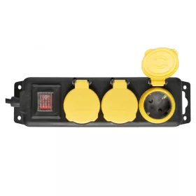   Home NVO 03K-5/BK/1,5 hálózati elosztó, 5 m, kapcsolós, H05RR-F 3G1,5 mm2, gumikábel, IP44 védelem, 3 aljzat gyermekvédelemmel és zárófedéllel, max. 3500W