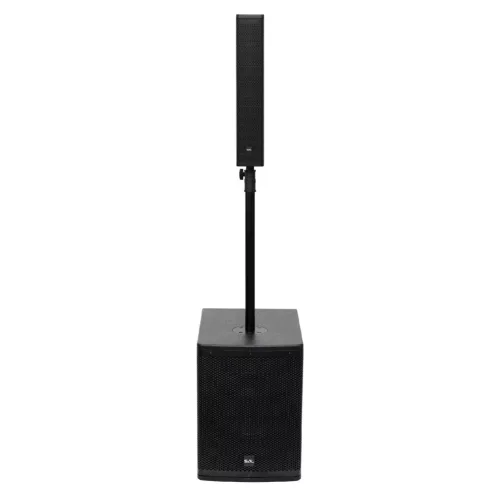SAL PAS10W43S professzionális oszlopsugárzó hangrendszer, max. 800 W, 25cm mélysugárzó, 4x3” szélessávú satellit hangszóró, aktív zenekari hangdoboz, Bluetooth, fém állvány