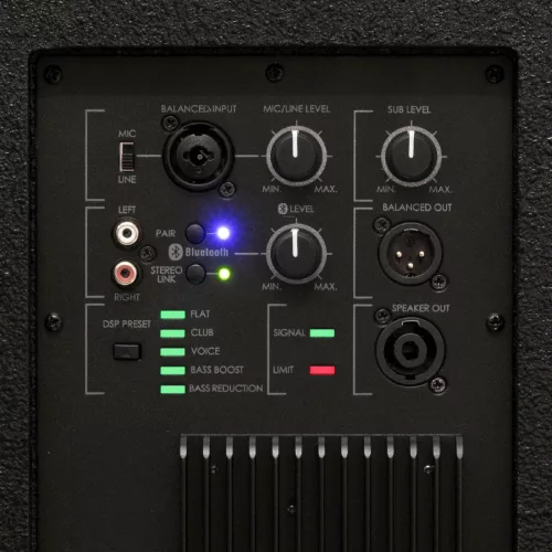 SAL PAS10W43S professzionális oszlopsugárzó hangrendszer, max. 800 W, 25cm mélysugárzó, 4x3” szélessávú satellit hangszóró, aktív zenekari hangdoboz, Bluetooth, fém állvány