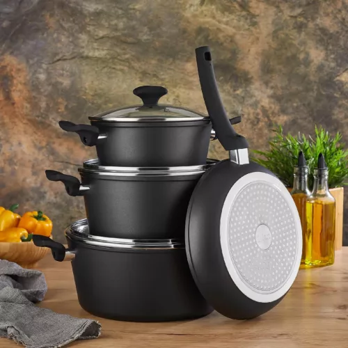 Zilan ZLN3277 edénykészlet, 7 db-os, tapadásmentes belső bevonat, 3 edény és 1 serpenyő, fekete színű