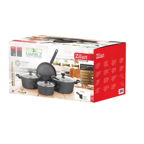Zilan ZLN3277 edénykészlet, 7 db-os, tapadásmentes belső bevonat, 3 edény és 1 serpenyő, fekete színű