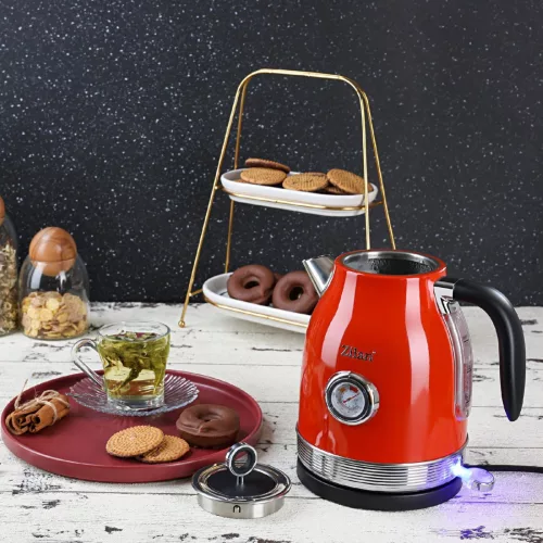 Zilan ZLN7033 retró vízforraló, 2200 W, 1,7 liter, hőmérsékletkijelzés, 360°-ban forgatható, piros