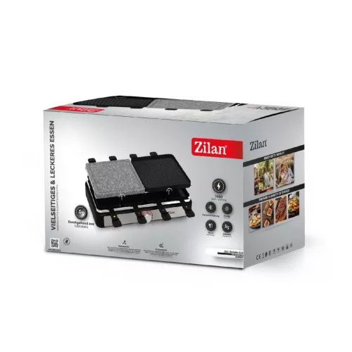 Zilan ZLN8863 raclette grill, 1500 W, 2 az 1-ben, alumínium sütőlap, tapadásmentes bevonat, hőfokszabályozó, kiegészítők