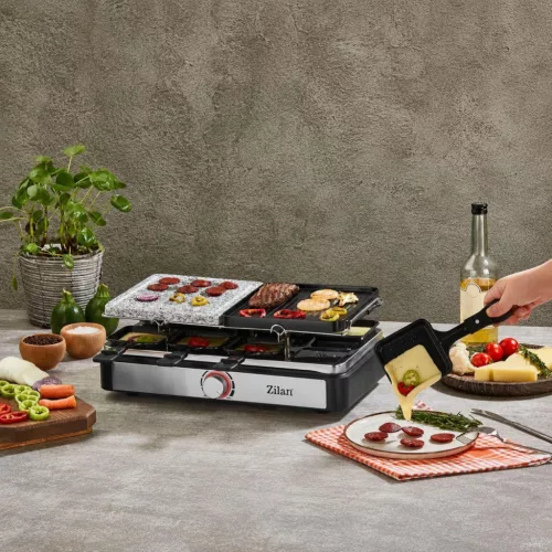Zilan ZLN8863 raclette grill, 1500 W, 2 az 1-ben, alumínium sütőlap, tapadásmentes bevonat, hőfokszabályozó, kiegészítők