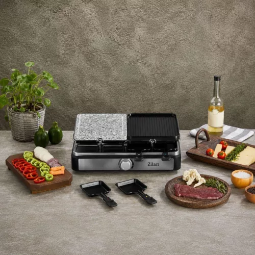 Zilan ZLN8863 raclette grill, 1500 W, 2 az 1-ben, alumínium sütőlap, tapadásmentes bevonat, hőfokszabályozó, kiegészítők