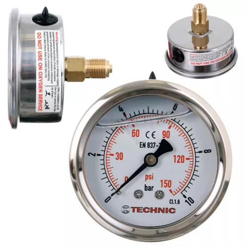 TC Technic glicerines nyomásmérő óra/manométer, 63mm, 1/4" hátsó csatlakozás, 0-10 Bar