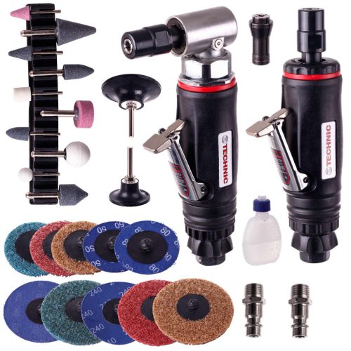 Pneumatikus köszörű és sarokcsíszoló készletben tartozékokkal  50mm 75mm (6 mm-es szárakkal) - TC Technic AT-703432-32K