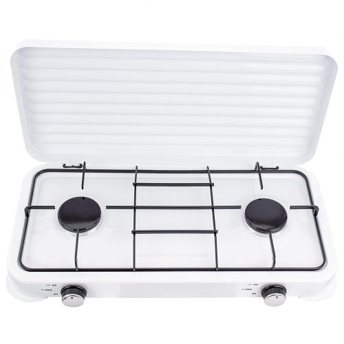 Hordozható gáztűzhely kempingezéshez és turisztikai célokra 2 égős, fehér