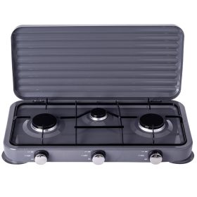   Hordozható gáztűzhely kempingezéshez és turisztikai célokra 3 égős, szürke