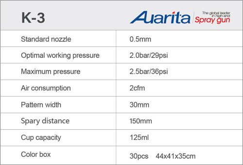 Auarita K-3 HVLP mini festékpisztoly 0,5 mm-es fúvókával és oldaltartállyal (200 ml)