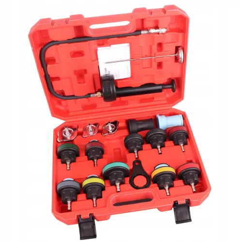 Hűtőrendszer szivárgás, nyomás és hőmérséklet vizsgáló készlet műanyag kofferben, 18 részes - TC Technic