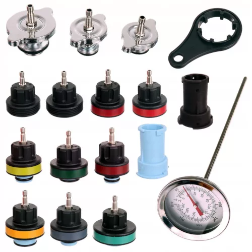 Hűtőrendszer szivárgás, nyomás és hőmérséklet vizsgáló készlet műanyag kofferben, 18 részes - TC Technic