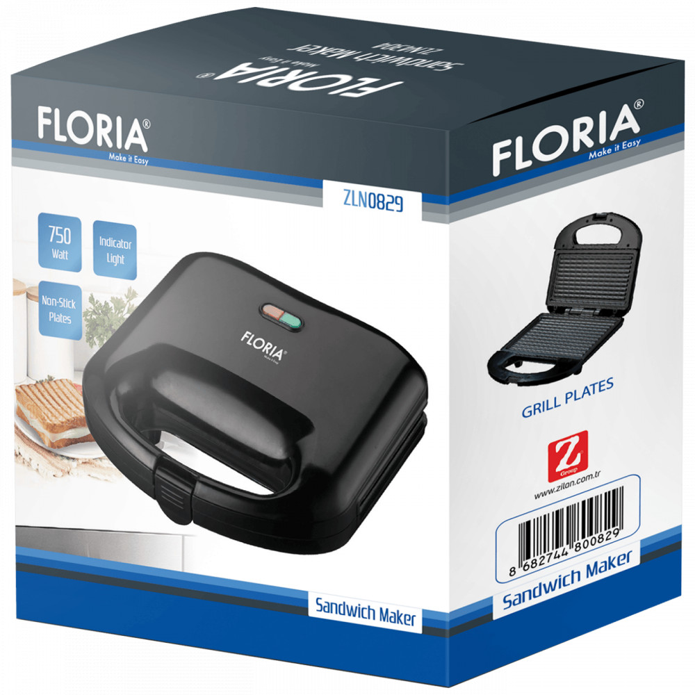 Floria ZLN0829 BK Szendvicssütő, LED kijelző, 750 W, fekete termék 2. képe