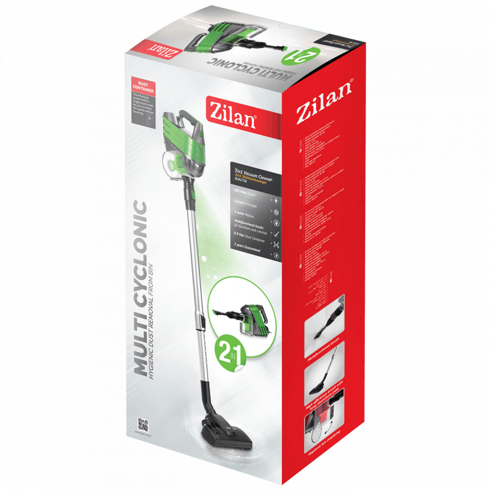 Zilan ZLN1758 Porszívó - 2 az 1-ben - teleszkópos - 0,9L porzsák - cyclon - 600W - zöld/szürke termék 2. képe