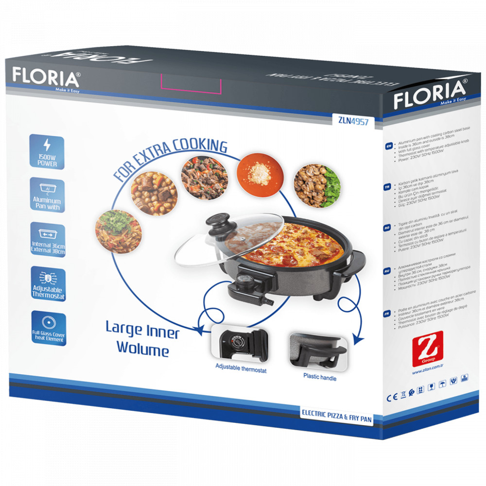 Floria ZLN4957 Kerek elektromos pizza serpenyő - 36/38cm - 1500W - fekete termék 2. képe